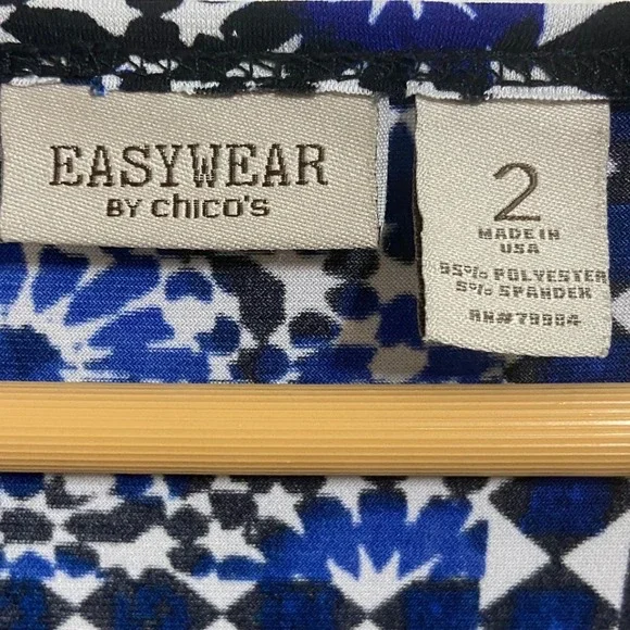 Easywear by Chico's Blue Geometric Patchwork Blouse Eclectic Career Size 2 L - Picture 4 of 9